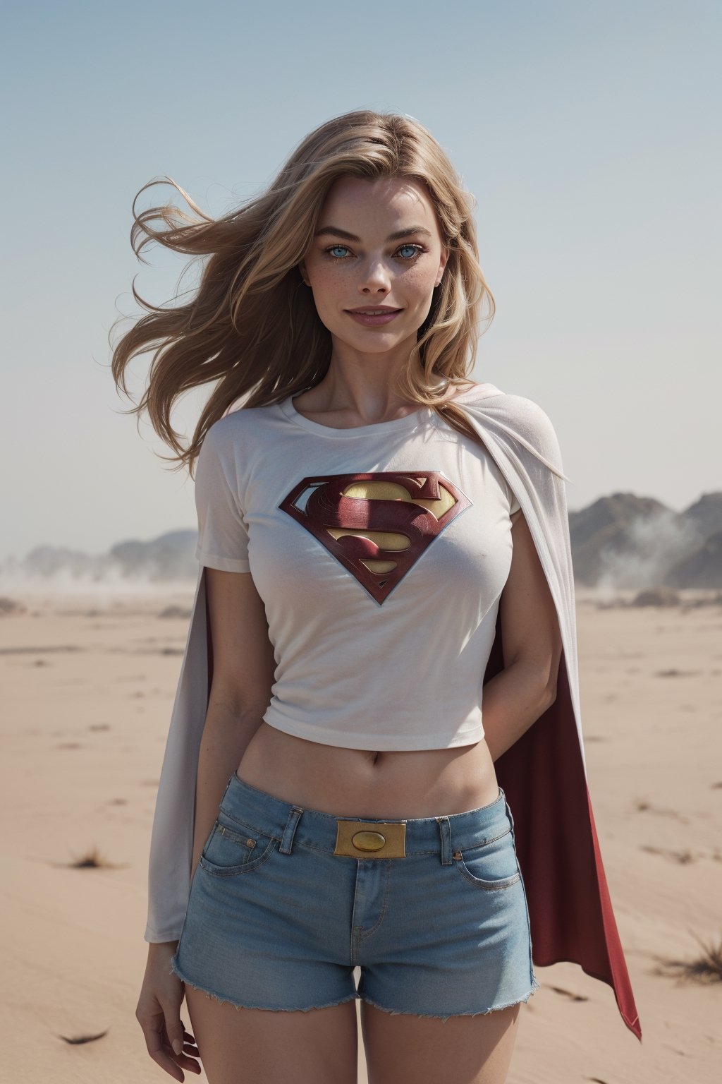 Margot Robbie: (masterpiece, best quality), 1girl, 18 year old, (caucasian), ((perfect lips)), ((perfect nose)), (((perfect fingers))), (((perfect eyes))), long blonde hair, (((slim))), skinny, tall, blue eyes, (smile), upper body, (freckes) (pale skin, soft skin, dirty skin, (wearing white t-shirt and the Superman logo, red cape, blue shorts), (small breasts:0.7), cameltoe,  (high res), (masterpiece:1,2) , (best quality), (beautiful blue sky background), (supermodel body),  absurdres, wind, fog, particles, DOF, fantasy setting, ultra high detailed photograph, super detailed beautiful face, ultrarealistic, ultra high detailed eyes, perfectly round iris, facing camera, look award winning photography, cinematic lighting, 32k, photorealism, UHD, eye - photo magazine, rule of thirds, monovisions, DOF, vogue, ultra detail, cinematic lighting, high contrast, high sharpness, tone mapping, retouched, ambient occlusion, octane render,Detailedface,Supergirl  ,robbie