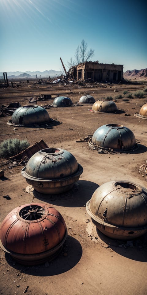 junkyard full of rusty broken 1950s UFOs, crashed in the ground, damaged, abandoned, in a desert, no cars, ((best quality)), ((masterpiece)), ((beautiful landscape)), soft light, hdr, intricate, highly detailed, sharp focus, insane details, intricate details, low contrast, soft light