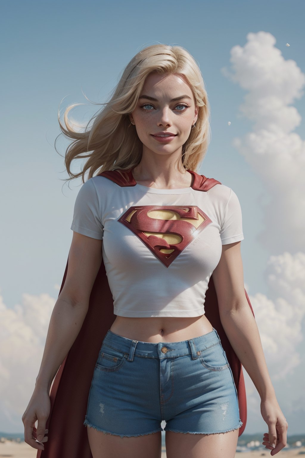 Margot Robbie: (masterpiece, best quality), 1girl, 18 year old, (caucasian), ((perfect lips)), ((perfect nose)), (((perfect fingers))), (((perfect eyes))), long blonde hair, (((slim))), skinny, tall, blue eyes, (smile), upper body, (freckes) (pale skin, soft skin, dirty skin, (wearing white t-shirt and the Superman logo, red cape, blue shorts), (small breasts:0.7), cameltoe,  (high res), (masterpiece:1,2) , (best quality), (beautiful blue sky background), (supermodel body),  absurdres, wind, fog, particles, DOF, fantasy setting, ultra high detailed photograph, super detailed beautiful face, ultrarealistic, ultra high detailed eyes, perfectly round iris, facing camera, look award winning photography, cinematic lighting, 32k, photorealism, UHD, eye - photo magazine, rule of thirds, monovisions, DOF, vogue, ultra detail, cinematic lighting, high contrast, high sharpness, tone mapping, retouched, ambient occlusion, octane render,Detailedface,Supergirl  