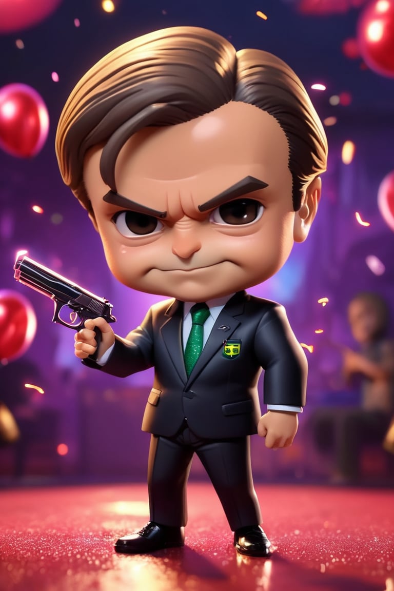 Best quality, high-res photo, Jair Bolsonaro action the night club, high-detailed, gun and bloods so passionly, chibi, bullets, president of Brazil suit , background, sparks, sparkling, 3d style,chibi