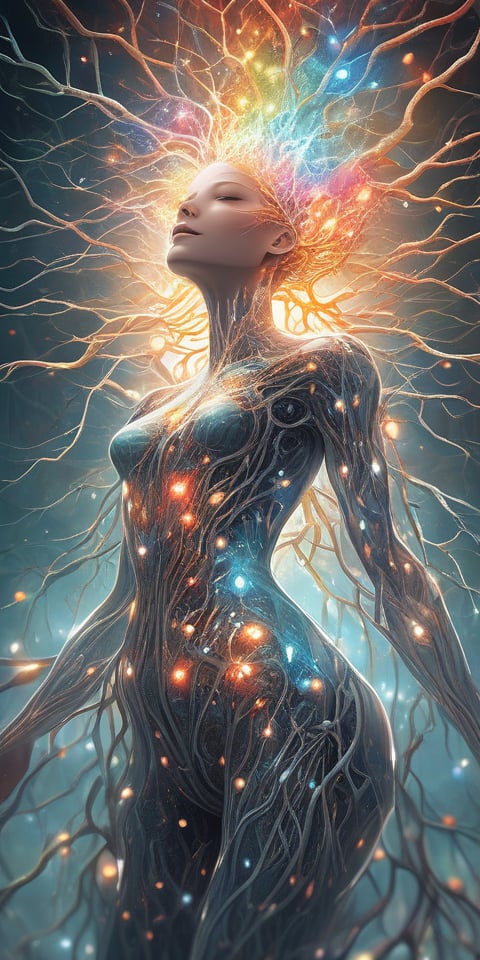 concept art breathtaking  translucent woman, (from below:1), (full body:3), made entirely out of brain neurons under microscope,  closed eyes, face peeling off , neurons firing, highly detailed, background is intricate brain neurons colorful structure with lightening effects connected to woman. award-winning, professional, highly detailed . digital artwork, illustrative, painterly, matte painting, highly detailed,dripping paint