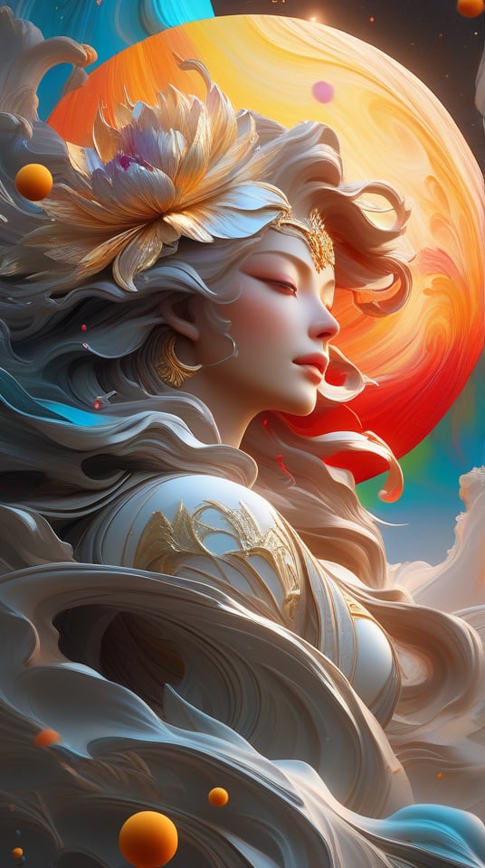 Jupiter, splash art, a close up liquid luminous moon lady made of colors, silver, red, orange, light yellow, grey golden, liquid fire peony flowers, filigree, filigree detailed, swirling fire flames, Galaxy, color drops, color waves, moonlight, splash style of colorful paint, hyperdetailed intricately detailed, unreal engine, fantastical, intricate detail, splash screen, complementary colors, fantasy, concept art, 8k resolution, masterpiece, oil painting, heavy strokes, paint dripping, splash arts, fantasy art, concept art, centered composition perfect composition, centered, intricated pose, intricated