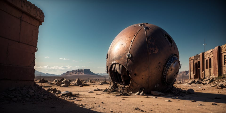 [giant UFO] [rusty broken spherical UFO, crashed in the ground, damaged, abandoned], in a [desert], ((best quality)), ((masterpiece)), ((beautiful landscape)), soft light, hdr, intricate, highly detailed, sharp focus, insane details, intricate details, low contrast, soft light