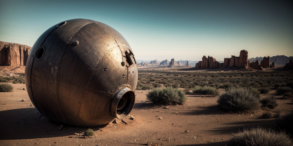 [giant UFO] [rusty broken spherical UFO, crashed in the ground, damaged, abandoned], in a [desert], ((best quality)), ((masterpiece)), ((beautiful landscape)), soft light, hdr, intricate, highly detailed, sharp focus, insane details, intricate details, low contrast, soft light