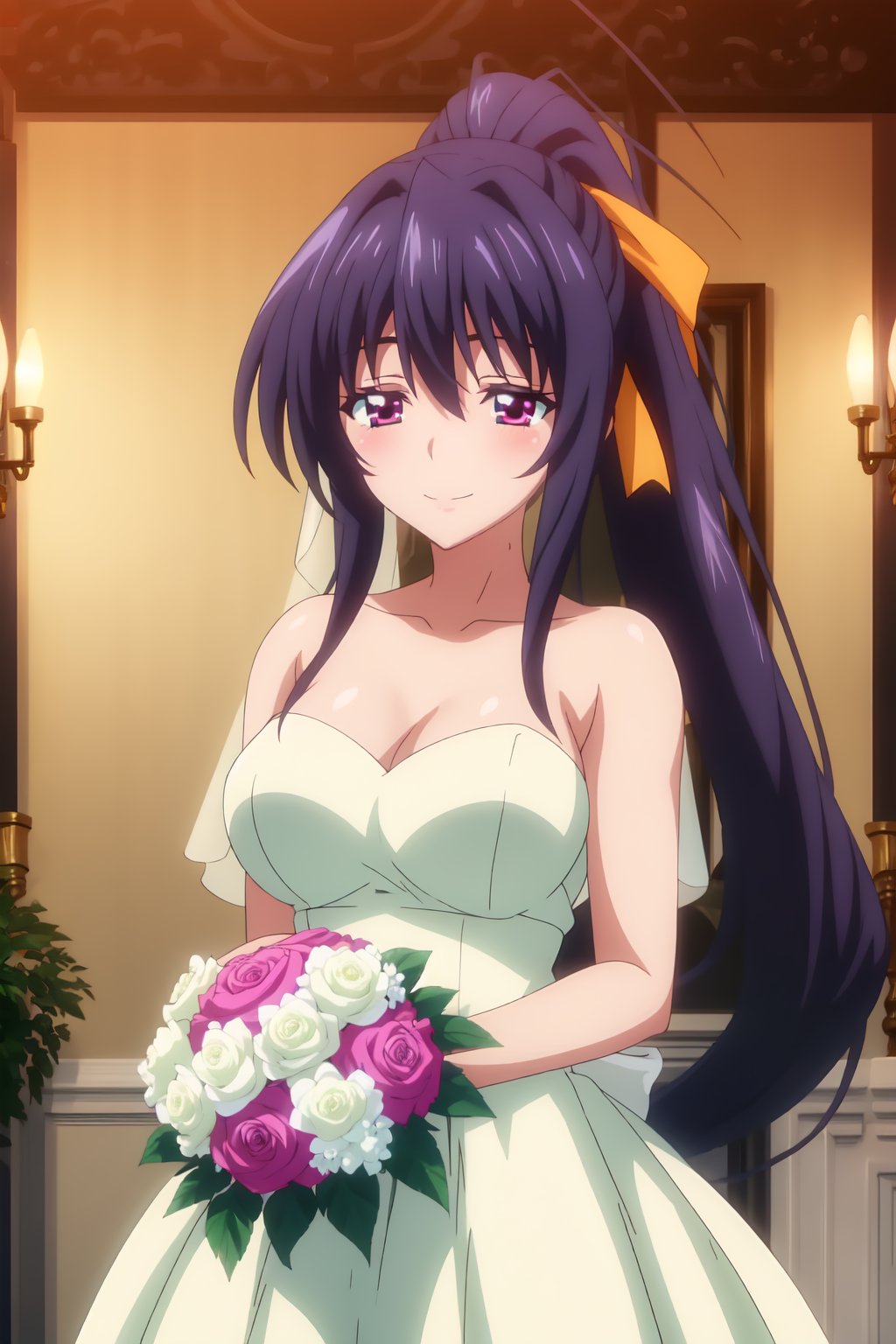 Akeno Himejima, (8k, HD), 1 girl, alone, long hair, black hair, ribbon, very long hair, purple eyes, hair band, ponytail, blush, smile, wedding dress, wedding veil, bouquet of flowers, holding, good hands,