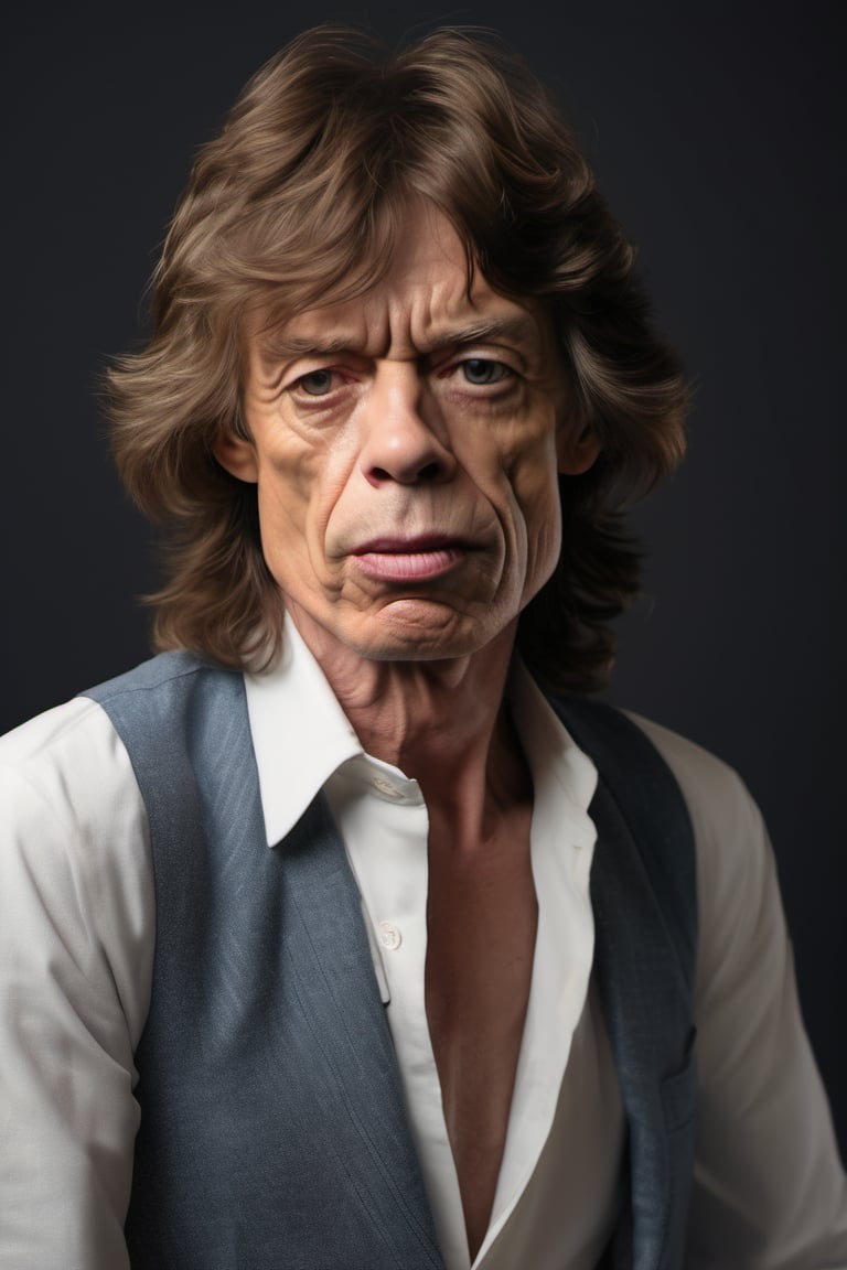 RAW natural photo of mick jagger realistic, no muscles, slim boby, realisct, no friendly, ((full body)), sharp focus, depth of field, shoot, ,side shot, side shot, ultra hd, realistic, vivid colors, highly detailed, perfect composition, 8k artistic photography, photorealistic concept art, soft natural volumetric cinematic perfect light, black background studio,OHWX,OHWX WOMEN 