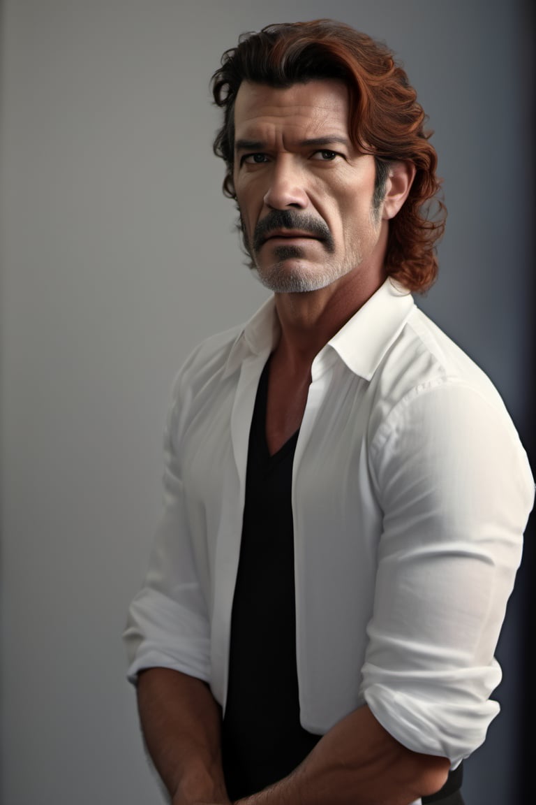 RAW natural photo of antonio banderas, hungry, no muscles, slim boby, argentinian singer, realisct, no friendly, ((full body)), red hair , sharp focus, depth of field, shoot, ,side shot, side shot, ultra hd, realistic, vivid colors, highly detailed, perfect composition, 8k artistic photography, photorealistic concept art, soft natural volumetric cinematic perfect light, black background studio,OHWX,OHWX WOMEN 