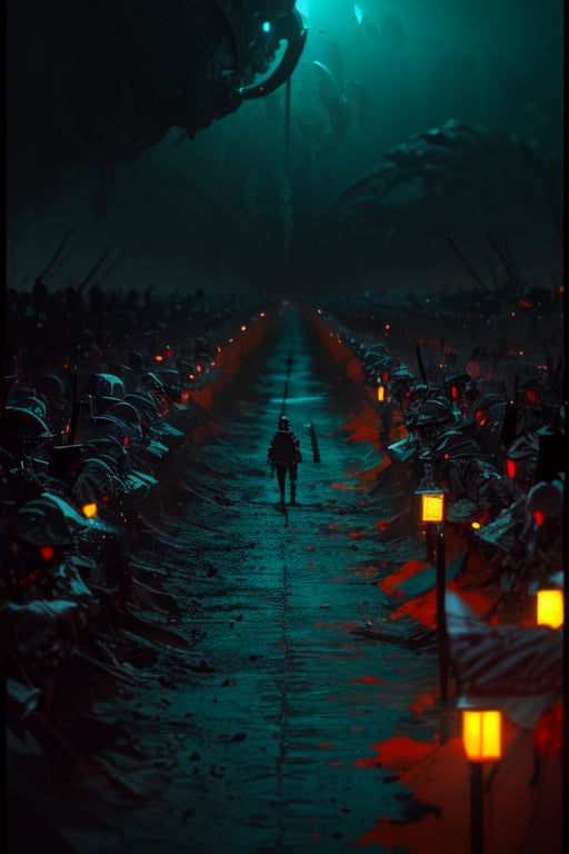 500 SOLDIERS FIGHTING IN THE SHADOWS, blend, medium shot, bokeh, (hdr:1.9), high contrast, (cinematic, teal and orange:0.85), (muted colors, dim colors, soothing tones:1.3), low saturation,In a realm shrouded in eternal twilight, a hauntingly surreal scene unfolds. An army of 100,000 soldiers, 