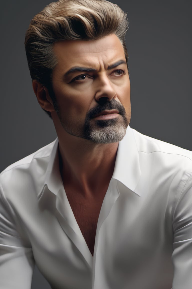 RAW natural photo of george michael realistic, no muscles, slim boby, realisct, no friendly, ((full body)), sharp focus, depth of field, shoot, ,side shot, side shot, ultra hd, realistic, vivid colors, highly detailed, perfect composition, 8k artistic photography, photorealistic concept art, soft natural volumetric cinematic perfect light, black background studio,OHWX,OHWX WOMEN 