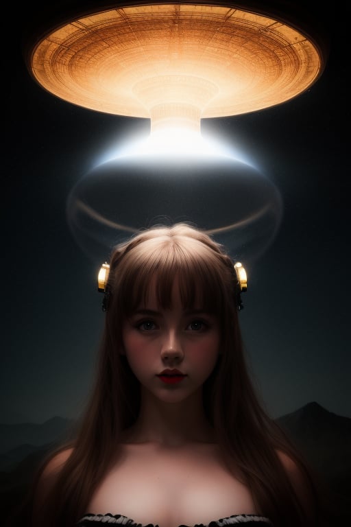 UFO abducting one girl, alt night in far away land
 BEST QUALITY, MASTERPIECE, PHOTOREALISTIC:1.9, DRAMATIC LIGHT, infinite mirror background,
,colorful_girl_v2,arshadArt,alluring_lolita_girl,anamr