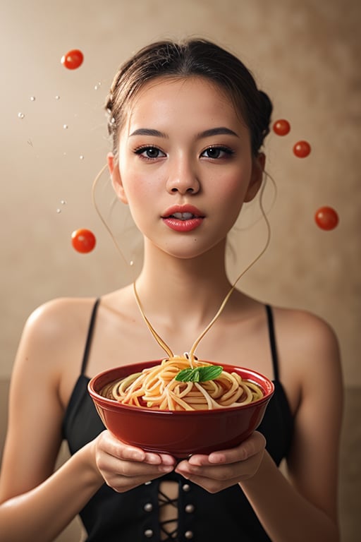 shooting foodstyling,, spaghetti are flying, splash of tomato sauce
 BEST QUALITY, MASTERPIECE, PHOTOREALISTIC:1.9, DRAMATIC LIGHT, infinite mirror background,
,colorful_girl_v2,arshadArt,alluring_lolita_girl,anamr