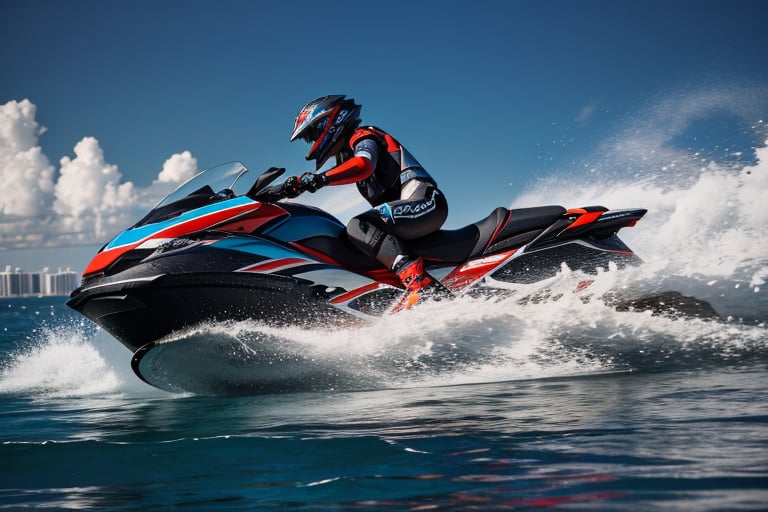 jetski in a port of  miami  realistic photography, 50mm 1.4f, natural lowlight, high res, dark ,photography,high resolution faces, hiper realistic water, black google helmet, photo more landscape
