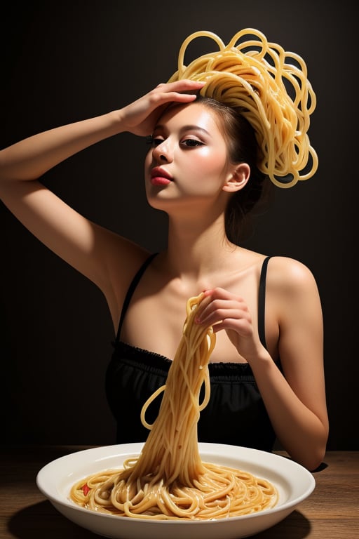 shooting foodstyling, flying tornado of spaghetti
 BEST QUALITY, MASTERPIECE, PHOTOREALISTIC:1.9, DRAMATIC LIGHT, infinite mirror background,
,colorful_girl_v2,arshadArt,alluring_lolita_girl,anamr