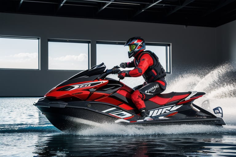 jetski in a photographic studio, back stage realistic photography, 50mm 1.4f, natural lowlight, high res, dark ,photography,high resolution faces, hiper realistic water, black google helmet, photo more landscape
