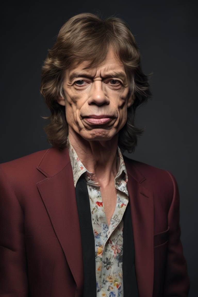 RAW natural photo of mick jagger realistic, no muscles, slim boby, realisct, no friendly, ((full body)), sharp focus, depth of field, shoot, ,side shot, side shot, ultra hd, realistic, vivid colors, highly detailed, perfect composition, 8k artistic photography, photorealistic concept art, soft natural volumetric cinematic perfect light, black background studio,OHWX,OHWX WOMEN 