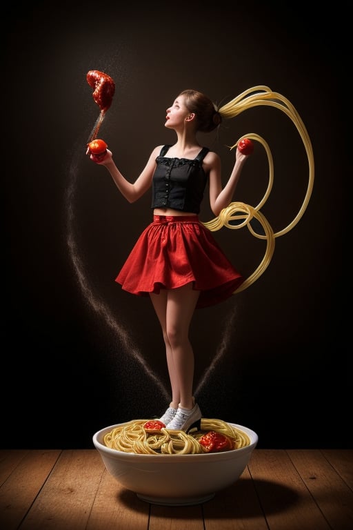 shooting foodstyling, flying tornado of spaghetti, splash of tomato sauce
 BEST QUALITY, MASTERPIECE, PHOTOREALISTIC:1.9, DRAMATIC LIGHT, infinite mirror background,
,colorful_girl_v2,arshadArt,alluring_lolita_girl,anamr