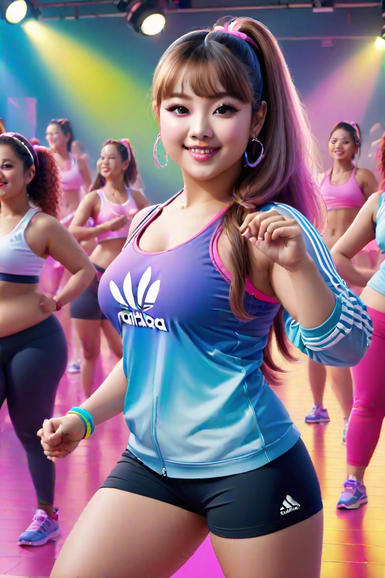 fat zumba trainer, zumba class in action, adidas sponsor
 BEST QUALITY, MASTERPIECE, PHOTOREALISTIC:1.9, DRAMATIC LIGHT, infinite mirror background,
,colorful_girl_v2,arshadArt,alluring_lolita_girl