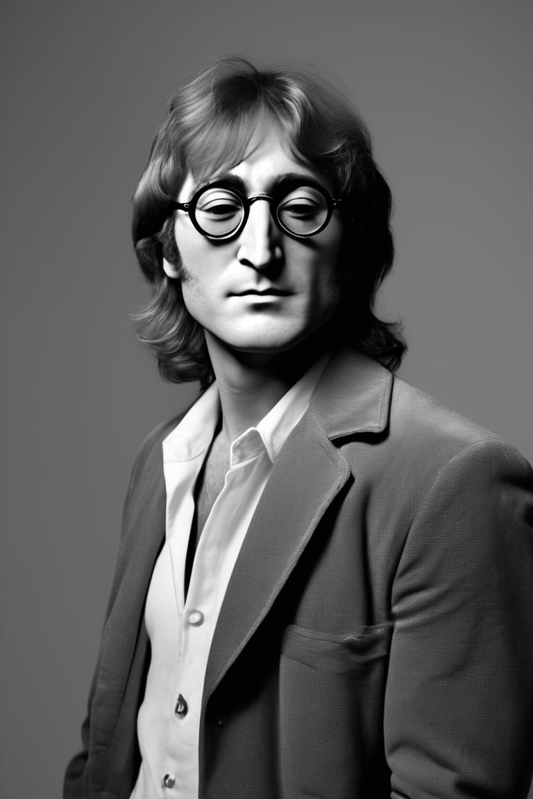 RAW natural photo of john lennon, hungry, no muscles, slim boby, realisct, no friendly, ((full body)), sharp focus, depth of field, shoot, ,side shot, side shot, ultra hd, realistic, vivid colors, highly detailed, perfect composition, 8k artistic photography, photorealistic concept art, soft natural volumetric cinematic perfect light, black background studio,OHWX,OHWX WOMEN 