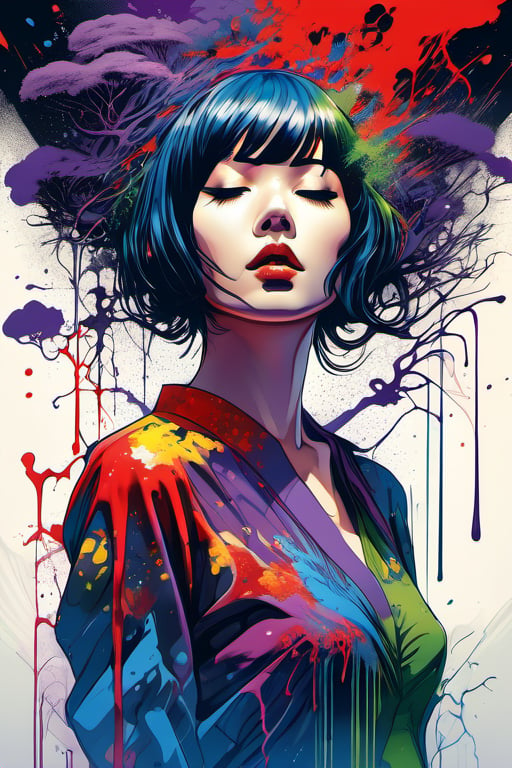 (Masterpiece:1.2), ((intricate details)), cover art, chaos, , 1girl, japanese girl, short hair, black hair, bangs, hair on forehead, high quality, (red, blue, yellow, purple, green ink), ((front view)), face dripping, clothes dripping, ink dripping, (addnet weight 1:1.0), (double exposure), ink scenery, FULL NAKED. NUDE, FULL BODY, DOGGYSTILE