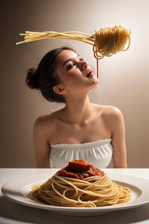 shooting foodstyling,, spaghetti are flying, splash of tomato sauce
 BEST QUALITY, MASTERPIECE, PHOTOREALISTIC:1.9, DRAMATIC LIGHT, infinite mirror background,
,colorful_girl_v2,arshadArt,alluring_lolita_girl,anamr