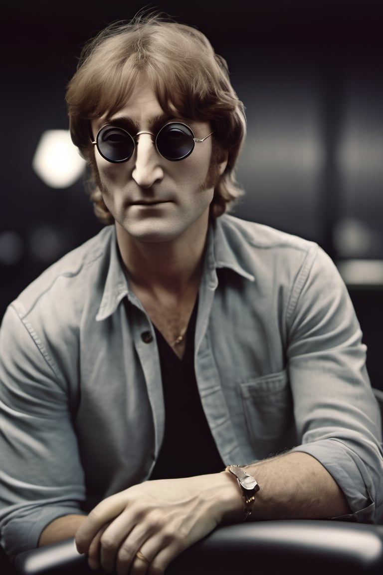 RAW natural photo of john lennon, hungry, no muscles, slim boby, realisct, no friendly, ((full body)), sharp focus, depth of field, shoot, ,side shot, side shot, ultra hd, realistic, vivid colors, highly detailed, perfect composition, 8k artistic photography, photorealistic concept art, soft natural volumetric cinematic perfect light, black background studio,OHWX,OHWX WOMEN 