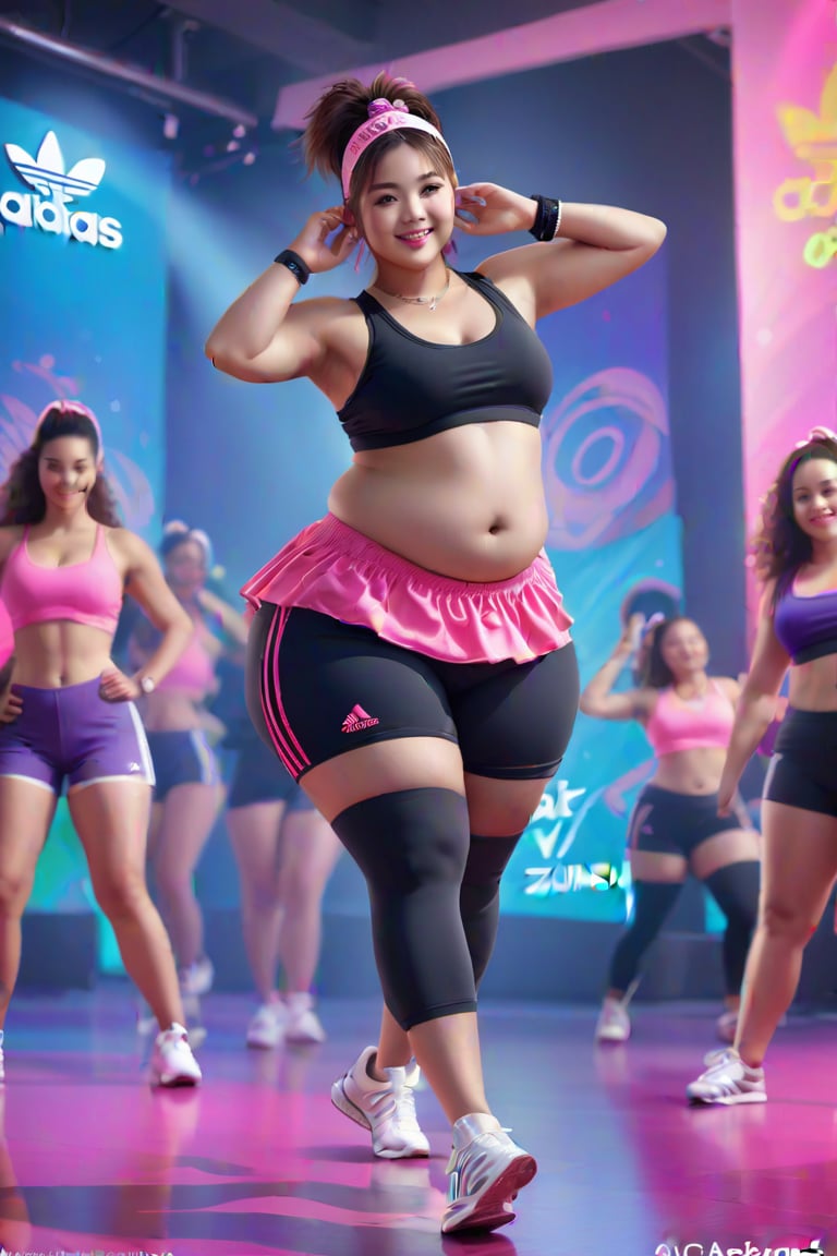 fat zumba trainer, zumba class in action, adidas sponsor
 BEST QUALITY, MASTERPIECE, PHOTOREALISTIC:1.9, DRAMATIC LIGHT, infinite mirror background,
,colorful_girl_v2,arshadArt,alluring_lolita_girl