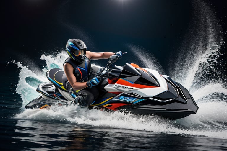 jetski in a photographic studio, back stage realistic photography, 50mm 1.4f, natural lowlight, high res, dark ,photography,high resolution faces, hiper realistic water, black google helmet, photo more landscape
