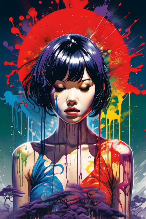 (Masterpiece:1.2), ((intricate details)), cover art, chaos, , 1girl, japanese girl, short hair, black hair, bangs, hair on forehead, high quality, (red, blue, yellow, purple, green ink), ((front view)), face dripping, clothes dripping, ink dripping, (addnet weight 1:1.0), (double exposure), ink scenery, FULL NAKED