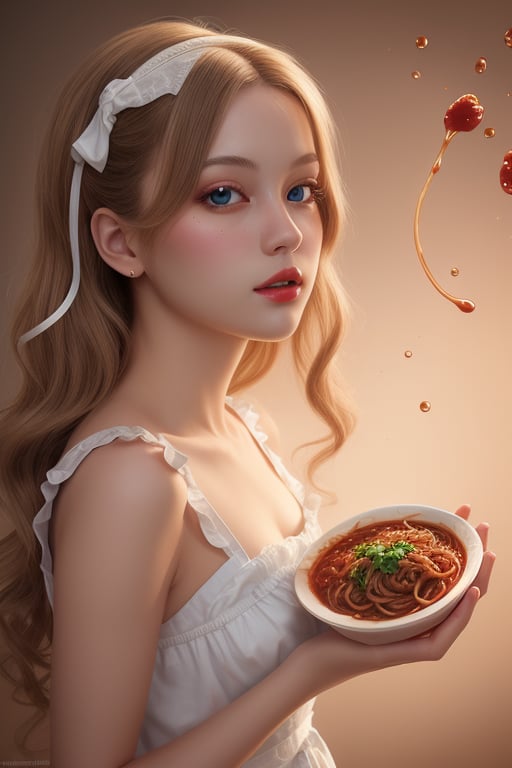 spaghetti and sauce flying 
 BEST QUALITY, MASTERPIECE, PHOTOREALISTIC:1.9, DRAMATIC LIGHT, infinite mirror background,
,colorful_girl_v2,arshadArt,alluring_lolita_girl,anamr