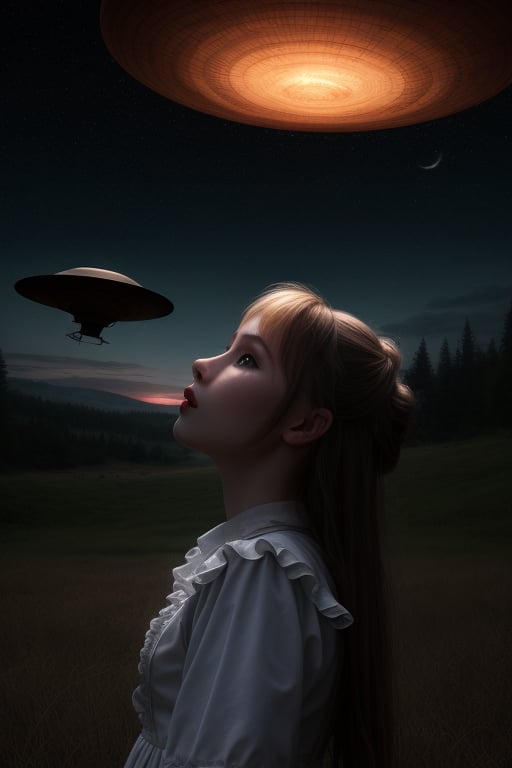 UFO abducting one girl, alt night in far away land,outdoor
 BEST QUALITY, MASTERPIECE, PHOTOREALISTIC:1.9, DRAMATIC LIGHT, infinite mirror background,
,colorful_girl_v2,arshadArt,alluring_lolita_girl,anamr