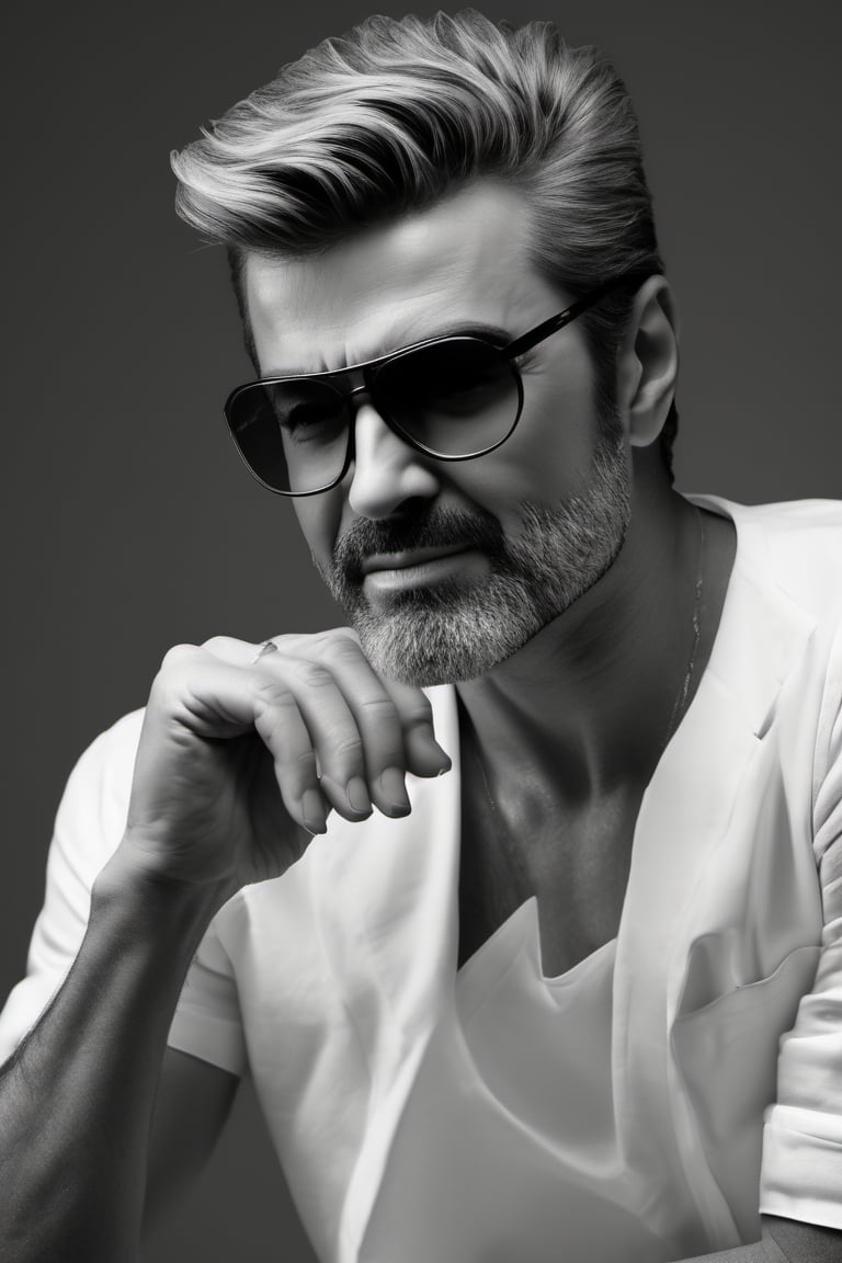 RAW natural photo of george michael realistic, no muscles, slim boby, realisct, no friendly, ((full body)), sharp focus, depth of field, shoot, ,side shot, side shot, ultra hd, realistic, vivid colors, highly detailed, perfect composition, 8k artistic photography, photorealistic concept art, soft natural volumetric cinematic perfect light, black background studio,OHWX,OHWX WOMEN 