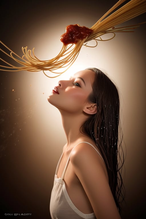 shooting foodstyling,, spaghetti are flying, splash of tomato sauce
 BEST QUALITY, MASTERPIECE, PHOTOREALISTIC:1.9, DRAMATIC LIGHT, infinite mirror background,
,colorful_girl_v2,arshadArt,alluring_lolita_girl,anamr