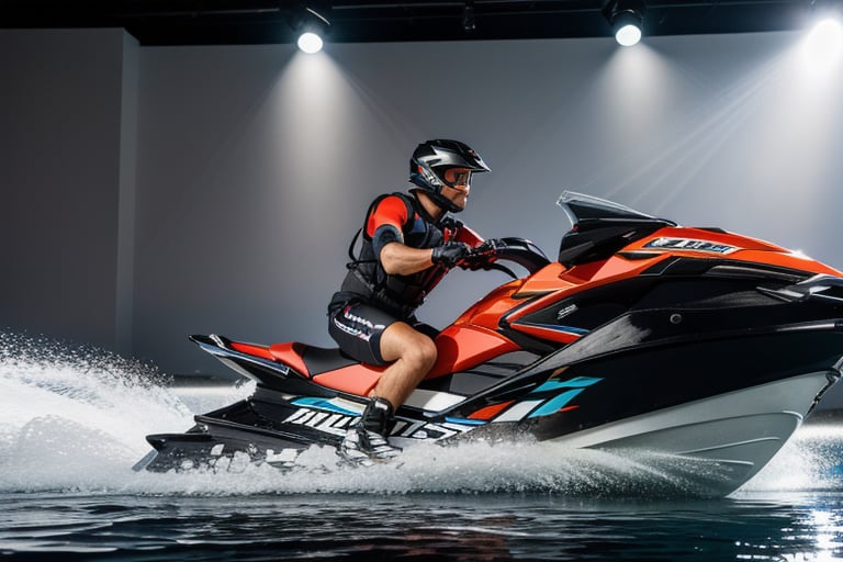 jetski in a photographic studio, back stage realistic photography, 50mm 1.4f, natural lowlight, high res, dark ,photography,high resolution faces, hiper realistic water, black google helmet, photo more landscape
