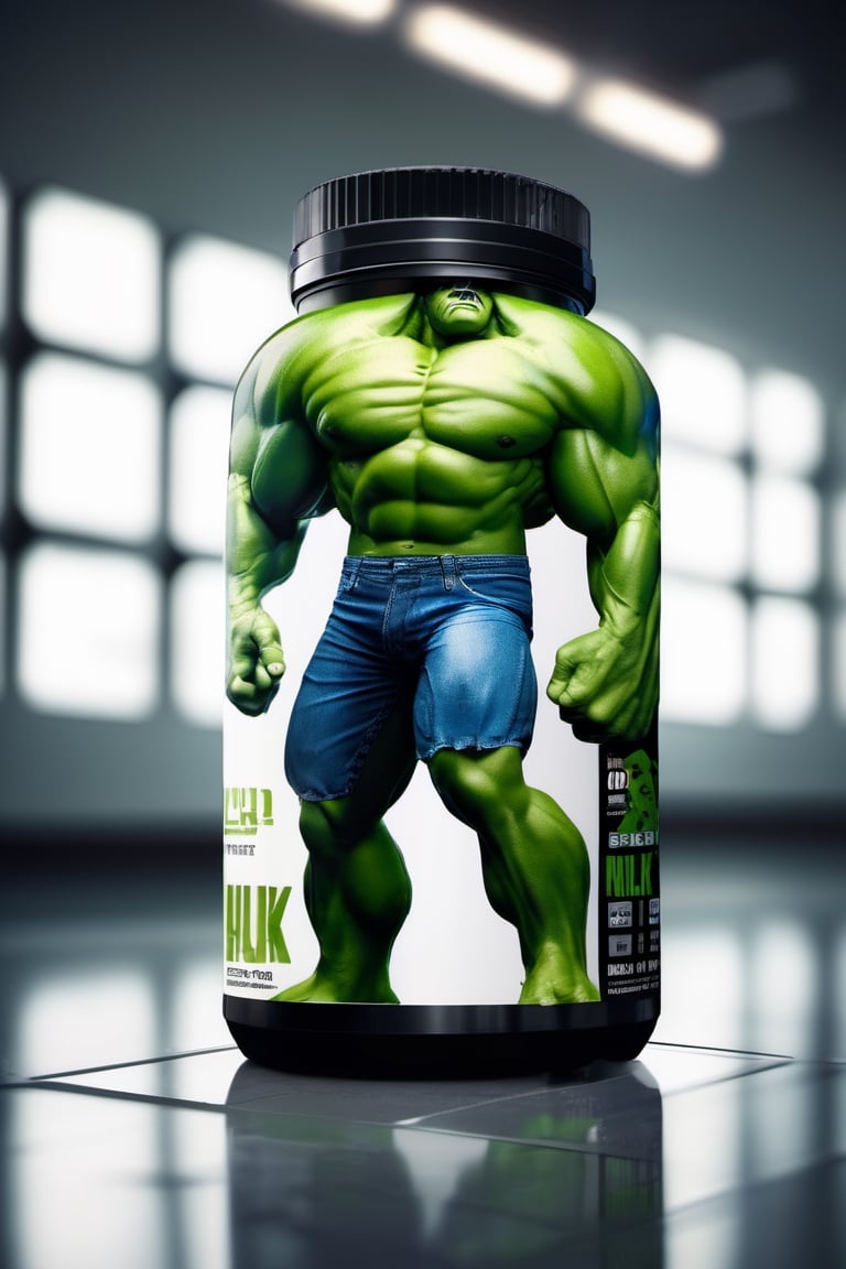 protein suplement container hulk theme brand, hd, 8k, masterpiece, one light, hasselbrlad, raw, hiperrealism, medium format sensor camera, super prime cinema lens, (((((100mm lens))))), (((filtered light)))  white background, mirror floor, back light