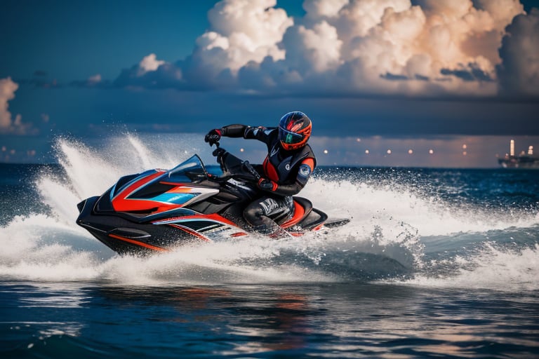 jetski in a port of  miami  realistic photography, 50mm 1.4f, natural lowlight, high res, dark ,photography,high resolution faces, hiper realistic water, black google helmet, photo more landscape
