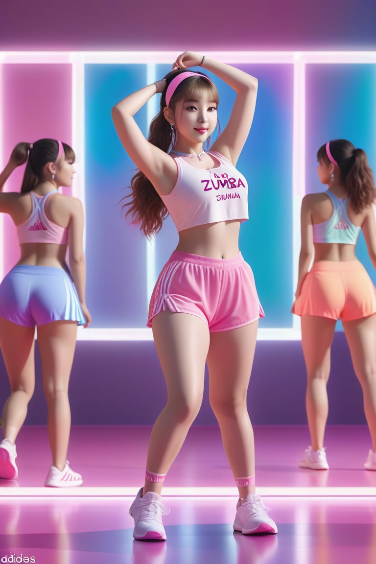 fat zumba trainer, zumba class in action, adidas sponsor
 BEST QUALITY, MASTERPIECE, PHOTOREALISTIC:1.9, DRAMATIC LIGHT, infinite mirror background,
,colorful_girl_v2,arshadArt,alluring_lolita_girl