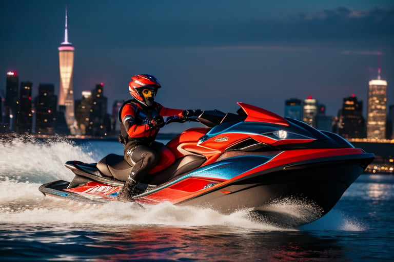 jetski in a port of  new york city i realistic photography, 50mm 1.4f, natural lowlight, high res, dark ,photography,high resolution faces, hiper realistic wateer