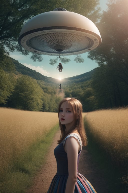 UFO abducting one girl, alt night in far away land,outdoor
 BEST QUALITY, MASTERPIECE, PHOTOREALISTIC:1.9, DRAMATIC LIGHT, infinite mirror background,
,colorful_girl_v2,arshadArt,alluring_lolita_girl,anamr