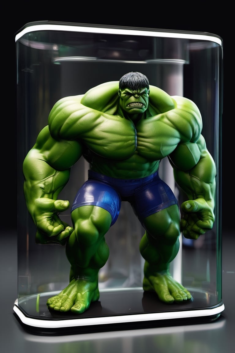 protein suplement container hulk green brand, hd, 8k, masterpiece, one light, hasselbrlad, raw, hiperrealism, medium format sensor camera, super prime cinema lens, (((((100mm lens))))), (((filtered light))) black background, marvel_comics, mirror floor