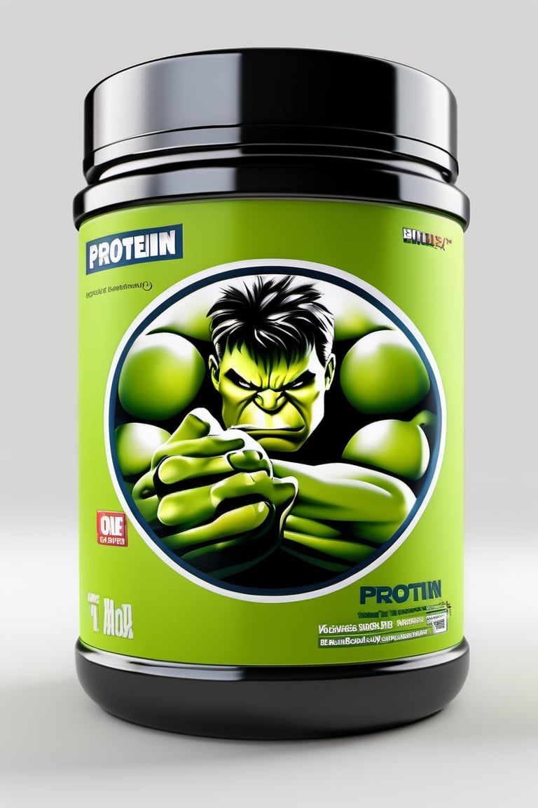 protein suplement container hulk typhographybrand, hd, 8k, masterpiece, one light, hasselbrlad, raw, hiperrealism, medium format sensor camera, super prime cinema lens, (((((100mm lens))))), (((filtered light)))  white background, mirror floor, back light