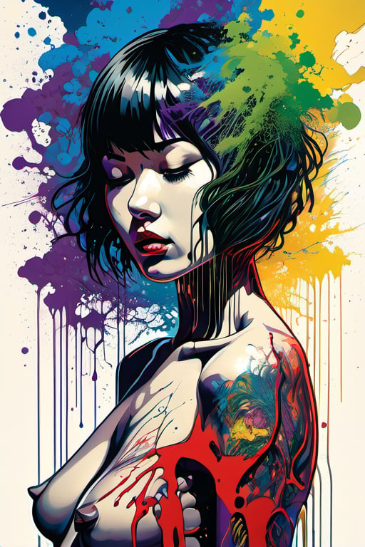 (Masterpiece:1.2), ((intricate details)), cover art, chaos, , 1girl, japanese girl, short hair, black hair, bangs, hair on forehead, high quality, (red, blue, yellow, purple, green ink), ((front view)), face dripping, clothes dripping, ink dripping, (addnet weight 1:1.0), (double exposure), ink scenery, FULL NAKED. NUDE