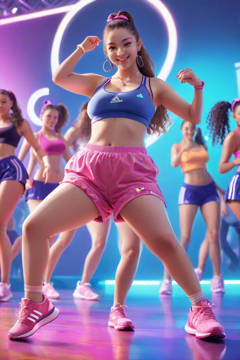 fat zumba trainer, zumba class in action, adidas sponsor
 BEST QUALITY, MASTERPIECE, PHOTOREALISTIC:1.9, DRAMATIC LIGHT, infinite mirror background,
,colorful_girl_v2,arshadArt,alluring_lolita_girl