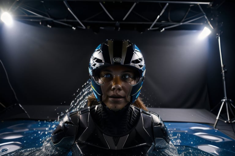 jetski in a photographic studio, back stage realistic photography, 50mm 1.4f, natural lowlight, high res, dark ,photography,high resolution faces, hiper realistic water, black google helmet, photo more landscape
,shodanSS_soul3142