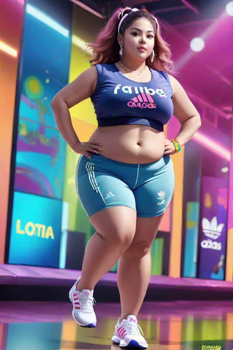 fat zumba trainer, zumba class in action, adidas sponsor
 BEST QUALITY, MASTERPIECE, PHOTOREALISTIC:1.9, DRAMATIC LIGHT, infinite mirror background,
,colorful_girl_v2,arshadArt,alluring_lolita_girl