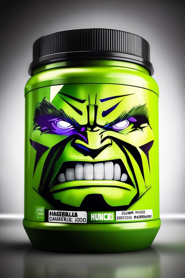 protein suplement container hulk theme brand, hd, 8k, masterpiece, one light, hasselbrlad, raw, hiperrealism, medium format sensor camera, super prime cinema lens, (((((100mm lens))))), (((filtered light))) black background, mirror floor