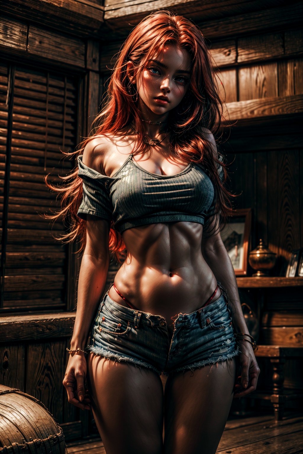 ((Best Quality)), ((Masterpiece)), (Detailed: 1.4), 8k, 1girl, blue eyes, red hair, very long hair, silky hair, big chest, slim waist, big body, defined body, thick thigh, well defined thigh. Wearing ripped micro shorts, babylook t-shirt. A concentration pose looking seriously at the viewer, low angle, view from the ground. Emitting a huge aura enveloping the entire body, a whirlpool of immense power enveloping the entire body, ki charge, intricate white aura with red aura.,perfecteyes