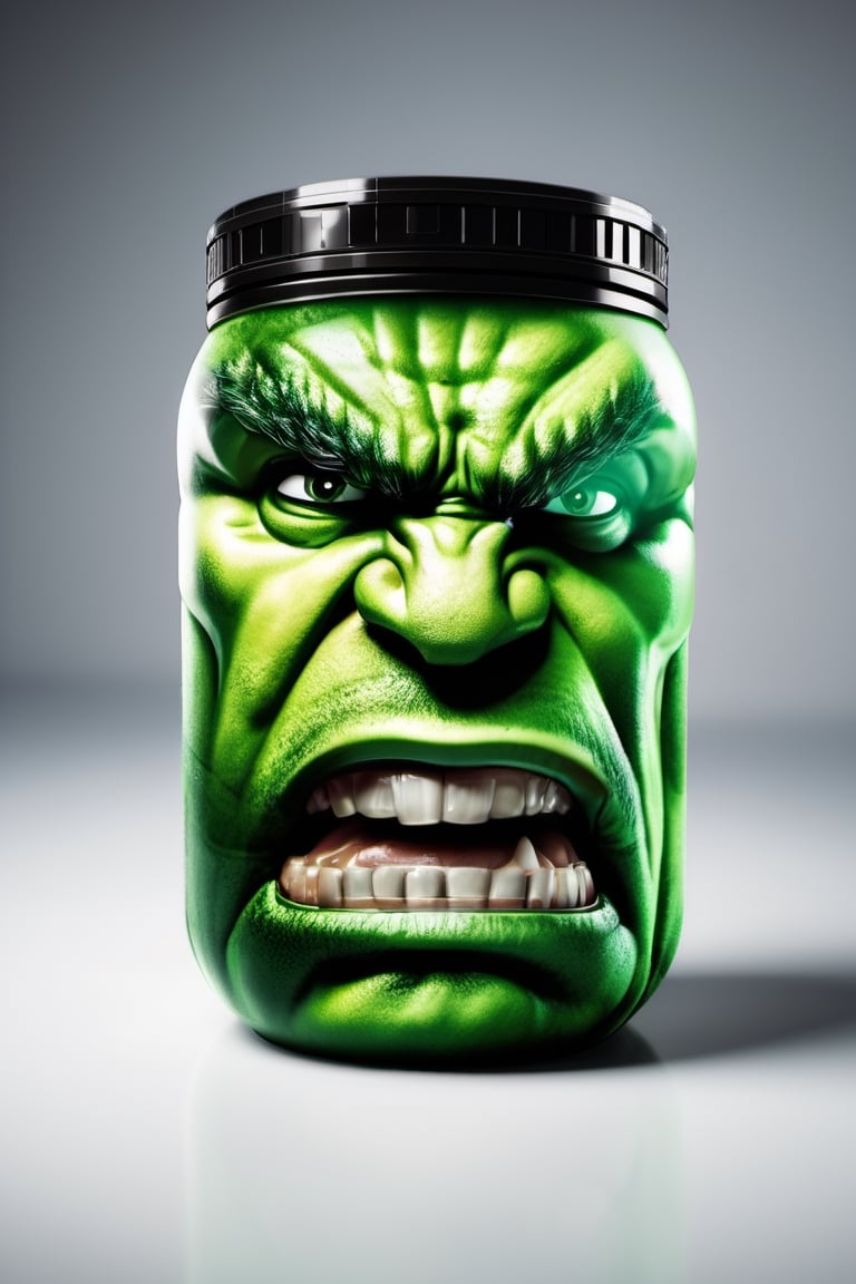 protein suplement container hulk theme brand, hd, 8k, masterpiece, one light, hasselbrlad, raw, hiperrealism, medium format sensor camera, super prime cinema lens, (((((100mm lens))))), (((filtered light)))  white background, mirror floor, back light