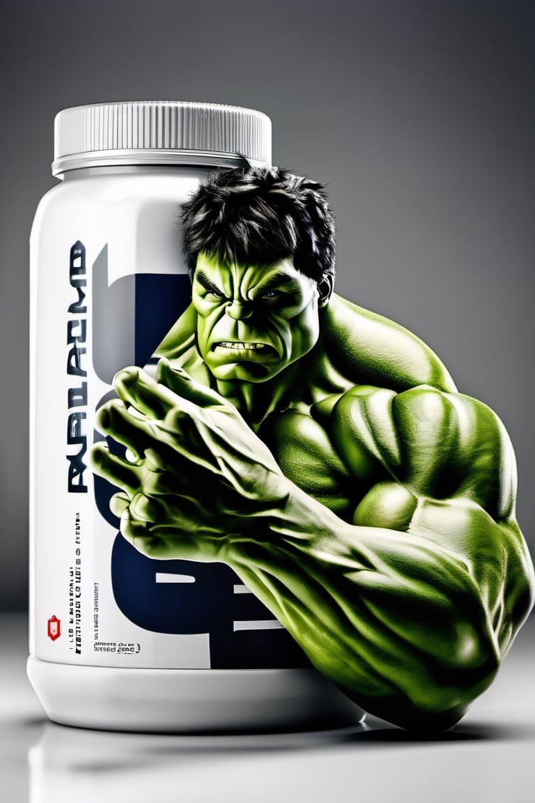 protein suplement container hulk theme brand, hd, 8k, masterpiece, one light, hasselbrlad, raw, hiperrealism, medium format sensor camera, super prime cinema lens, (((((100mm lens))))), (((filtered light)))  white background, mirror floor, back light