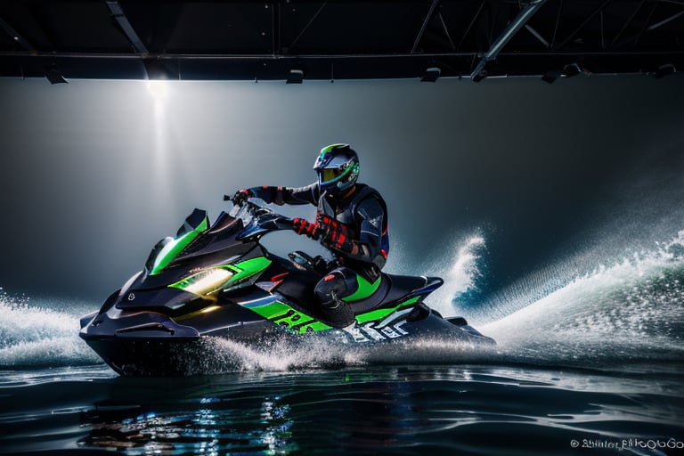 jetski in a photographic studio, back stage realistic photography, 50mm 1.4f, natural lowlight, high res, dark ,photography,high resolution faces, hiper realistic water, black google helmet, photo more landscape
,shodanSS_soul3142