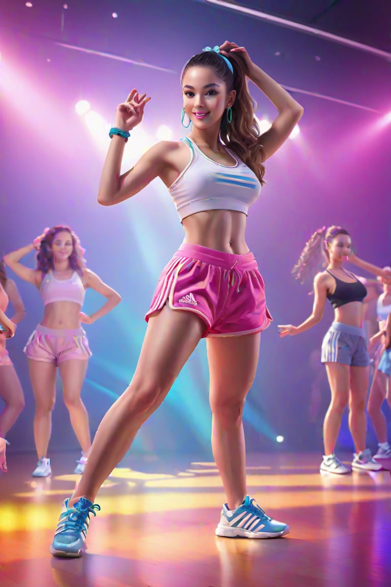 zumba trainer, zumba class in action, adidas sponsor
 BEST QUALITY, MASTERPIECE, PHOTOREALISTIC:1.9, DRAMATIC LIGHT, infinite mirror background,
,colorful_girl_v2,arshadArt,alluring_lolita_girl